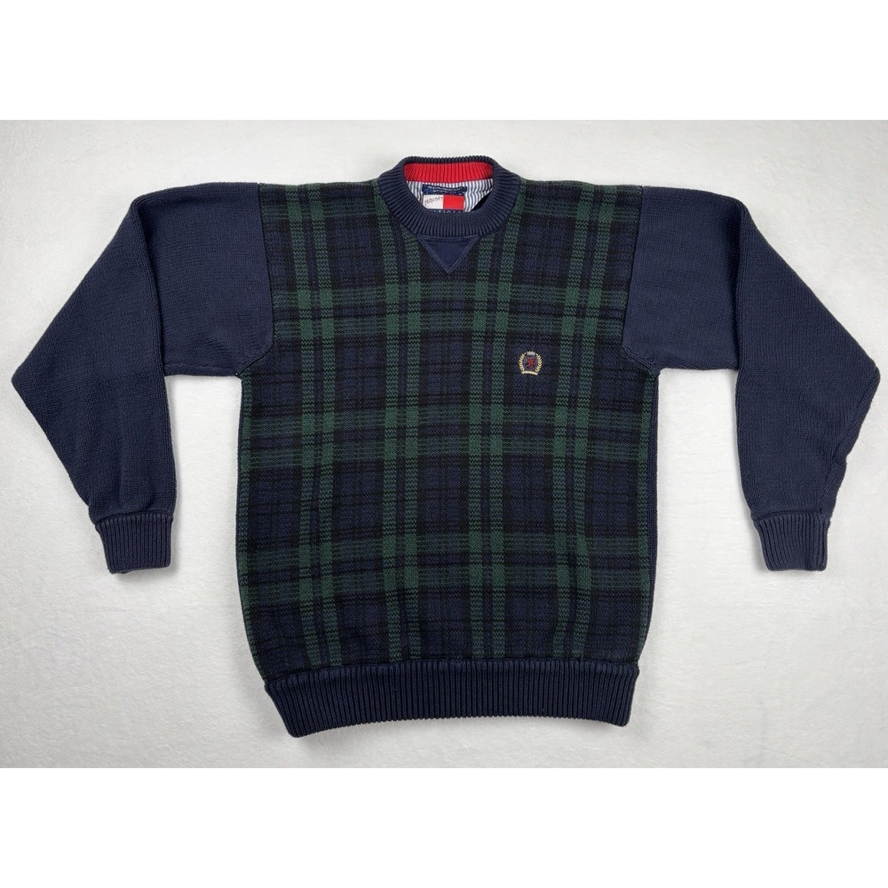 Tommy Hilfiger Tartan Crest Knit Sweater Navy/Green Size M Heavy 100% Cotton
